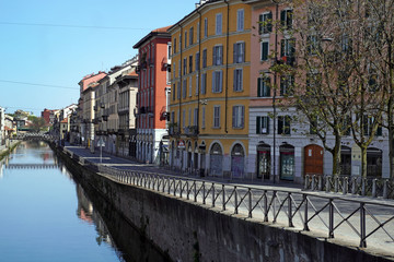 Naklejka na ściany i meble Italy , Milan - Navigli Canals ( Alzania Naviglio Pavese ) Downtown of the city empty of people during n-cov19 Coronavirus outbreak epidemic quarantine home 