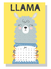 Cute monthly calendar of 2021 with a llama, cactus, inscriptions in the Scandinavian children's style. For web, banners, posters, labels and print. © MichiruKayo