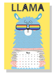 Cute monthly calendar of 2021 with a llama, cactus, inscriptions in the Scandinavian children's style. For web, banners, posters, labels and print.