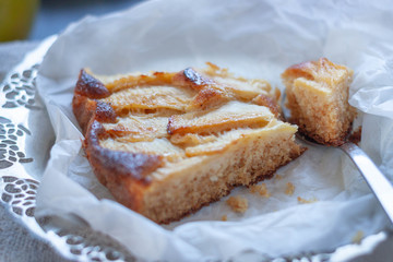 Close Up slice of delicious fresh baked rustic apple pie