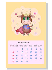 Calendar 2021. Cute bull and cow for every month.