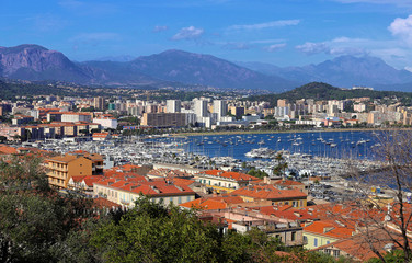 Naklejka na ściany i meble The houses of Ajaccio city and its marina , France, Corsica island.