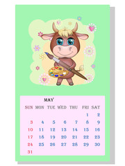 Calendar 2021. Cute bull and cow for every month.