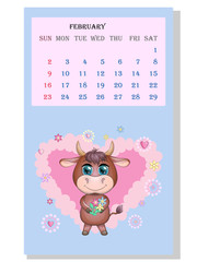 Calendar 2021. Cute bull and cow for every month.