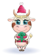 Cute cartoon cow, bull with a Christmas present and in a red santa claus hat, symbol 2021 on the eastern calendar