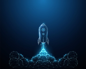 Abstact launch of the rocket from the earth with clouds of smoke