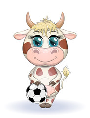 Cute cartoon cow, bull with a soccer ball, similarity between own points and hexagons of the ball, symbol of 2021