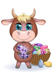 Cute cartoon cow, a bull with an Easter egg, next to a basket of eggs, symbol 2021 on the eastern calendar.