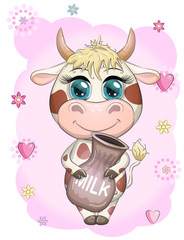 Cute cartoon cow, bull with a jug of milk, symbol 2021 on the eastern calendar