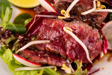 Warm beef salad with terriaki sauce, served with radish, lime and fresh salad