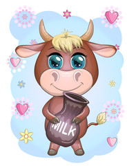 Cute cartoon cow, bull with a jug of milk, symbol 2021 on the eastern calendar