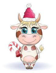 Cute cartoon cow, bull with Christmas candy and in a red Santa Claus hat, symbol 2021 on the eastern calendar