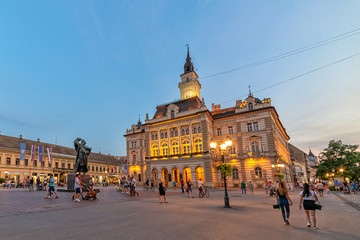 Novi Sad, Serbia July 30, 2019: Freedom Square (serbian: Trg slobode) is the main square in Novi Sad. The photo shows County government office (City house) and monument of Svetozar Miletic. - obrazy, fototapety, plakaty