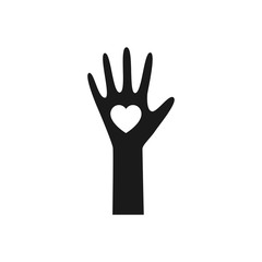 Human hand, palm with heart black isolated vector icon. Volunteer, charity help concept symbol.