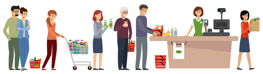 Grocery store queue. People with shopping carts and basket with food