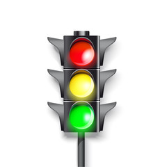 traffic light on a white background.  Burning green, red and green color.