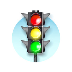 traffic light on a blue round.  Burning green, red and green color.
