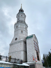 Naklejka premium Bell tower and chapel of John Chrysostom in Zlatoust on Red hill. Chelyabinsk region, Russia