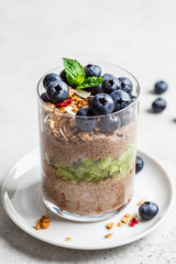 Chocolate chia pudding with fruits, granola and berries in glass.