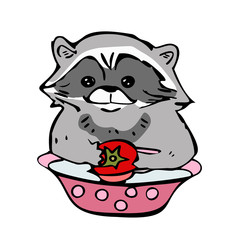 Raccoon washes a tomato in a bowl of water. Color vector illustration. Isolated on a white background. For stickers.
