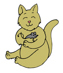 The cat loves the mouse and is friends.
Vector is isolated on a white background. Cartoon. Hand drawing.