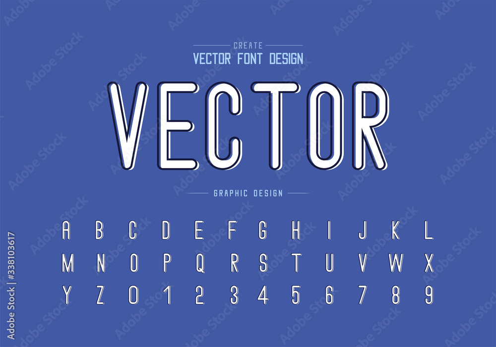 Poster line font with white shadow and alphabet vector, letter style typeface and number design