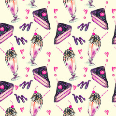 Milkshake with straw, cherry on the top and chocolate cake slice, watercolor hand painted illustration, seamless pattern design on soft yellow background