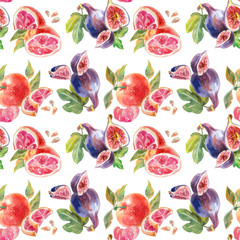 Seamless pattern from ripe grapefruit, figs, slices of fruits and leaves. Watercolor drawing. Template design for packaging, wallpaper, wrapping paper, fabric, restaurant and cafe menu.