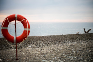 Lifebuoy on the background of the Black sea.