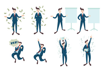 Fototapeta na wymiar Set of Businessman or Salesman Achieve His Goal Succesfully, Get A Lot of Money with Happy Face in Flat Style Design Illustration