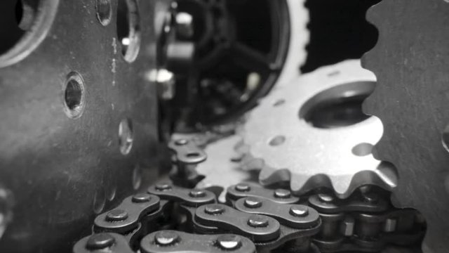 Unique view of gears and chains and tools created with a probe lens