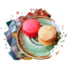 macaroon. polygonal graphics. vector illustration A low poly saucer of macaroni cakes on a mosaic table. French dessert made from polygons