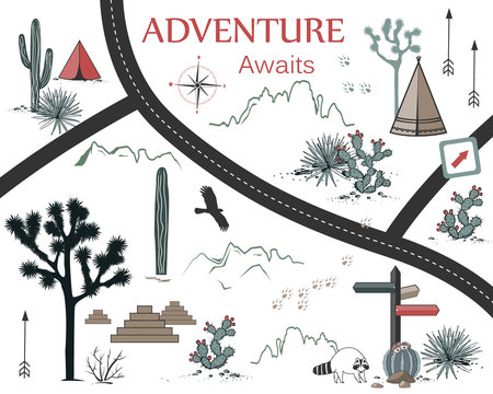 Roads, Mountains and Cacti Adventure Map. Design for print or poster with native Americans tribal elements. Vector illustration