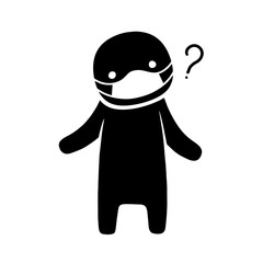 Protection from coronavirus infection. Silhouette of perplexed little man in medical face mask., isolated on white bacground, black and white vector illustration.