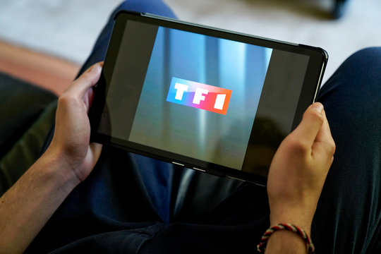 tf1 tv channel logo sign screen tablet computer of french service broadcaster in france