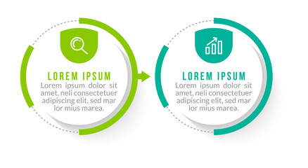 Minimal Business Infographics template. Timeline with 2 steps, options and marketing icons .Vector linear infographic with two circle conected elements. Can be use for presentation.