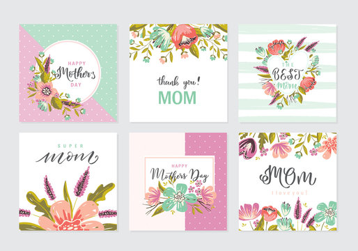 Set of cute greeting cards for Mother's Day hand drawn