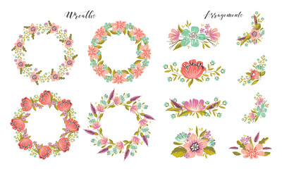Big set of floral design elements - wreath and flower bouquets
