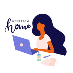 Vector illustration of a young woman working from home on a laptop and using hand sanitizer for disinfection to prevent the spread of the corona virus.