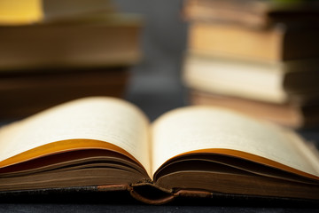 Book study educated. Library and dictionary background. Studying students at universities and colleges, schoolchildren at school and home distance learning concept