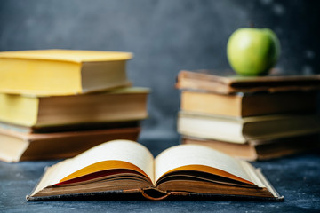 Book study educated. Library and dictionary background. Studying students at universities and colleges, schoolchildren at school and home distance learning concept