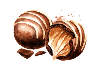 Chocolate candy truffle with soft caramel praline filling. Hand drawn watercolor illustration isolated on white background