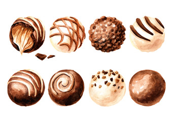 Various Chocolate Candy, Truffle, praline set. Hand drawn watercolor illustration isolated on white background