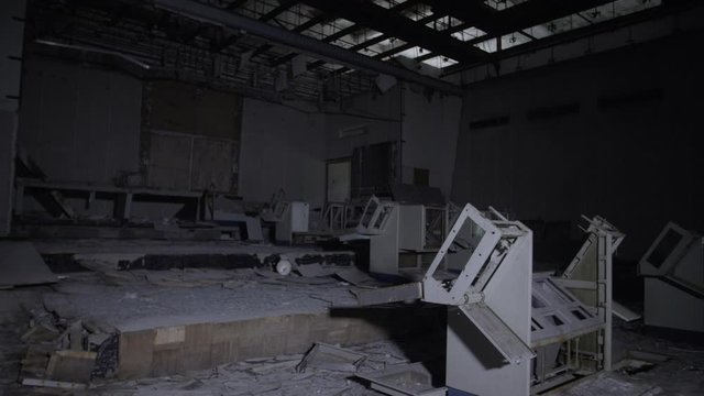 Control Room of Duga Radar in Abandoned and Secret Chernobyl-2 Town. Wide Dolly Shot