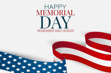 Memorial Day banner or flyer background with American flag ribbon. United States of America national holiday. Vector illustration.