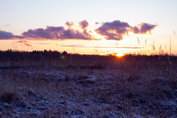the last rays of the setting sun. field with yellow grass sprinkled with snow