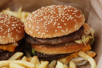 Beef burgers and French fries in the cafe 