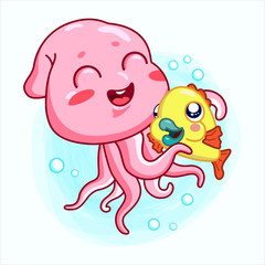Pink funny octopus hugs a yellow fish. Flat vector isolated on white background. Aquatic fauna. Vector illustration kawaii cute style.