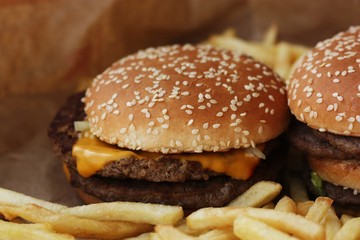 Beef burgers and French fries in the cafe 