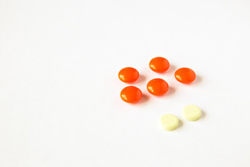 Fototapeta na wymiar Set pills and tablets on white background. Pharmacy theme